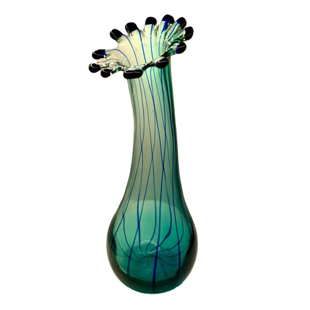 Murano Aqua & Cobalt Art Glass Ruffled Rim Vase For Sale - Image 4 of 8