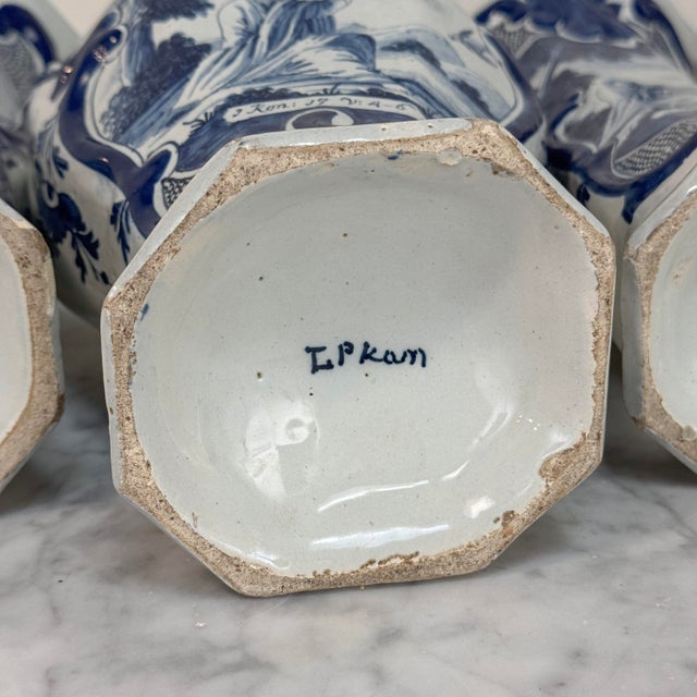Set of Five 18th Century Dutch Delft Biblical-Themed Garniture Vases For Sale - Image 18 of 18