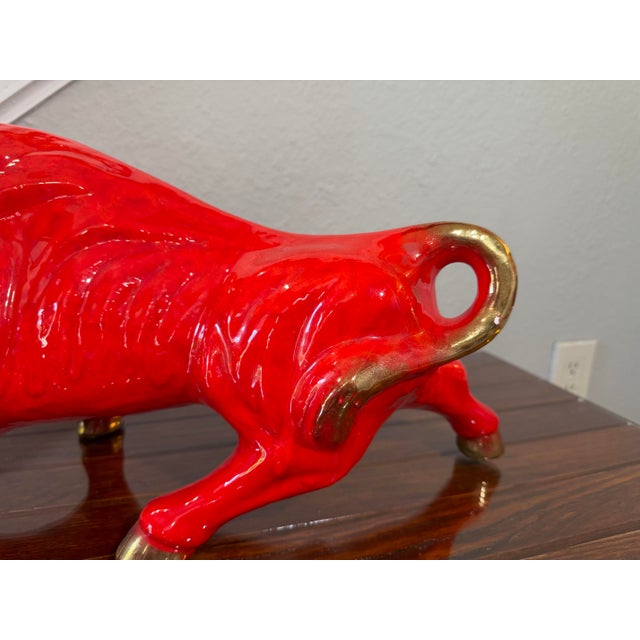 Large Pair of 1950s MCM Glossy Firehouse Red and Gilded Kt Gold Paint Accents Ceramic Fighting Bull and Matador Figurines For Sale - Image 11 of 12