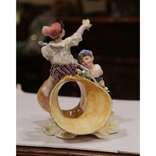 Ceramic Early 20th Century French Painted Porcelain Barbotine Vase With Children Figures For Sale - Image 7 of 11