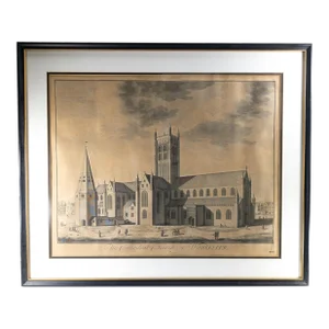 18th Century Architectural Copper Plate Engraving Print of Worcester Cathedral