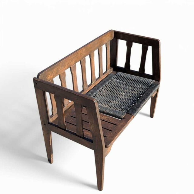 Mid-Century Wood Bench With Black Woven Strap Seat For Sale - Image 12 of 15