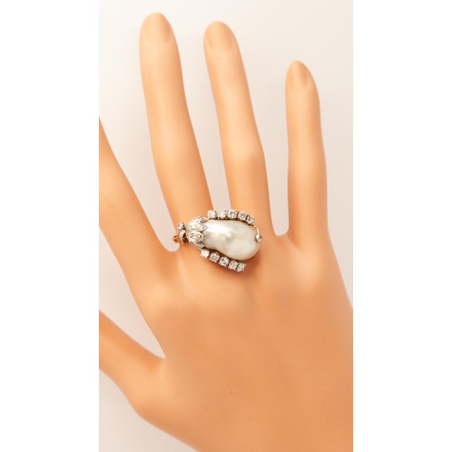 18K yellow gold and white gold diamond GIA certified natural pearl ring with 30 old European cut, round cut and single cut...