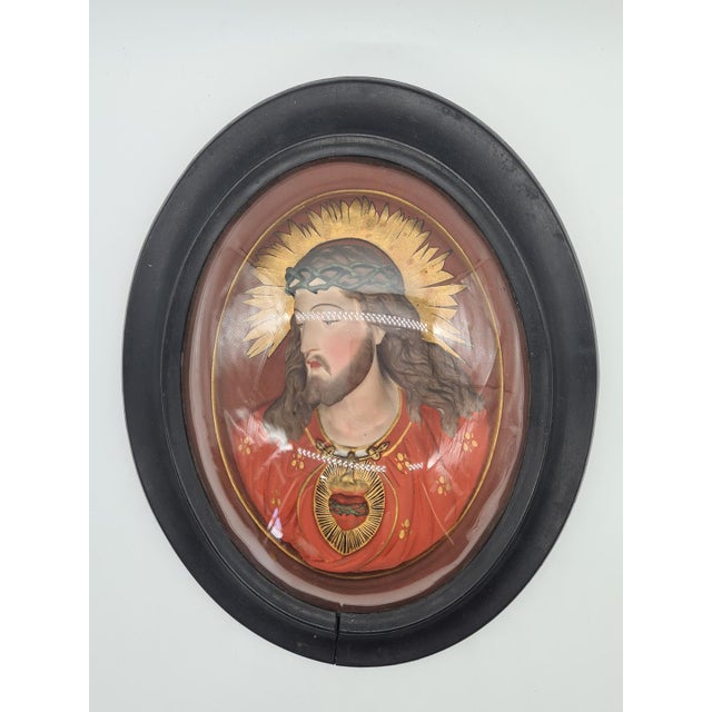 Antique Relief of the Sacred Heart of Jesus Under Domed Glass, 1890s For Sale - Image 3 of 15