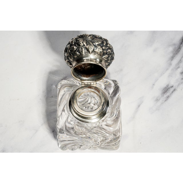 Silver Magnificent Antique Victorian Sterling Silver Repoussé Floral & Swirl Crystal Desk Paperweight Inkwell Luxury Home Decor For Sale - Image 8 of 14