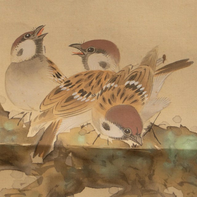 Khaki Pre-1940s Showa Era Japanese Large Watercolor Painting on Silk "Sparrows and Sakura" For Sale - Image 8 of 12