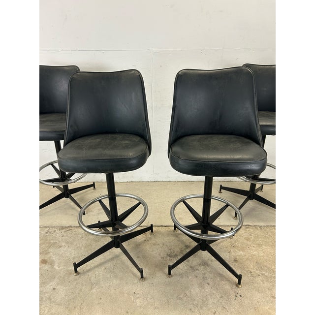 Set of 4 Mid Century Modern Black Vinyl Bar Stools For Sale - Image 4 of 12