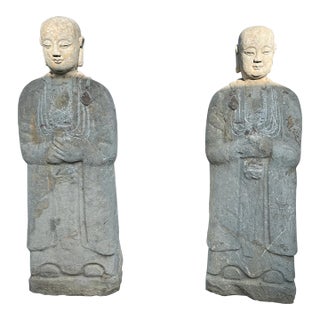 19th Century Stone Carved Zen Garden Monk Lohon Statues - Set of 2 For Sale
