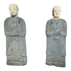 19th Century Stone Carved Zen Garden Monk Lohon Statues - Set of 2