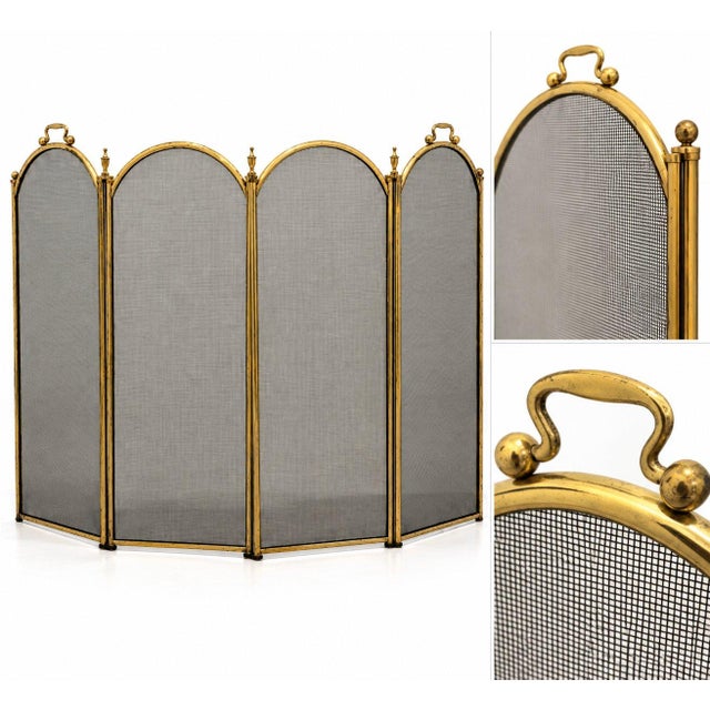 Vintage Brass And Mesh 4 Panel Folding Fireplace Screen With Handles in the French Neoclassical style with Hollywood...
