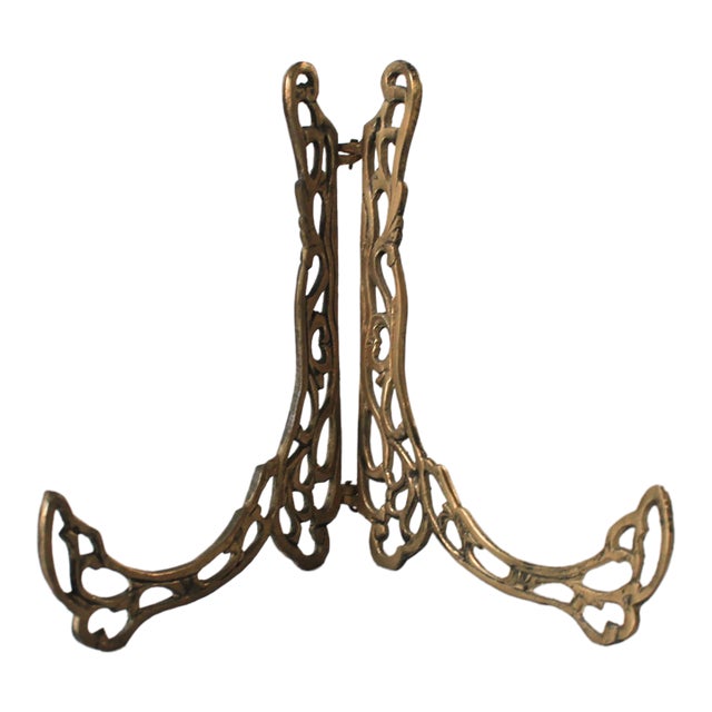 Vintage Brass Easel Filigree Tabletop Picture or Plate Holder For Sale