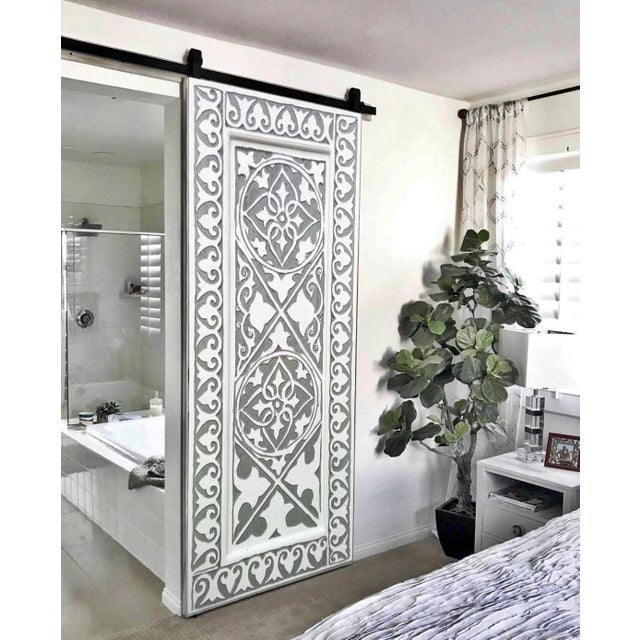 Farmhouse Hand-Carved Mediterranean Moroccan Style Door – Whitewashed Solid Wood, Floral & Geometric Design For Sale - Image 3 of 9