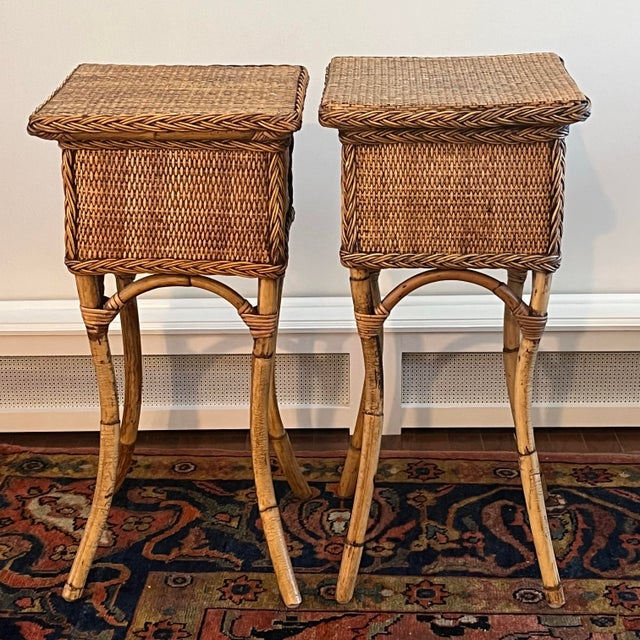 Vintage Coastal Rattan and Wicker Drink Tables - A Pair For Sale - Image 14 of 17