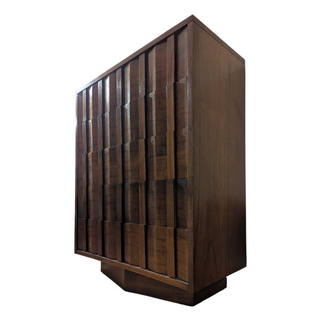 Lane Brutalist Highboy Dresser / Tall Chest — Walnut — C. 1973 For Sale