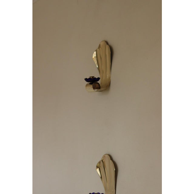 Vintage Brass Sconces with Blue Flower Shape Bobeche, Set of 2 For Sale - Image 6 of 18