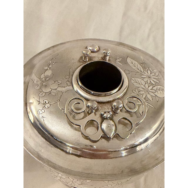 Chinese Antique Chinese Silver Huoguo Incense Burner – Floral Etched Design For Sale - Image 3 of 12