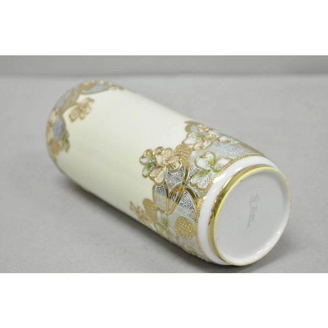 Antique Nippon Art Nouveau Hand Painted Gold Gilt Porcelain Small Cylinder Vase For Sale - Image 9 of 11