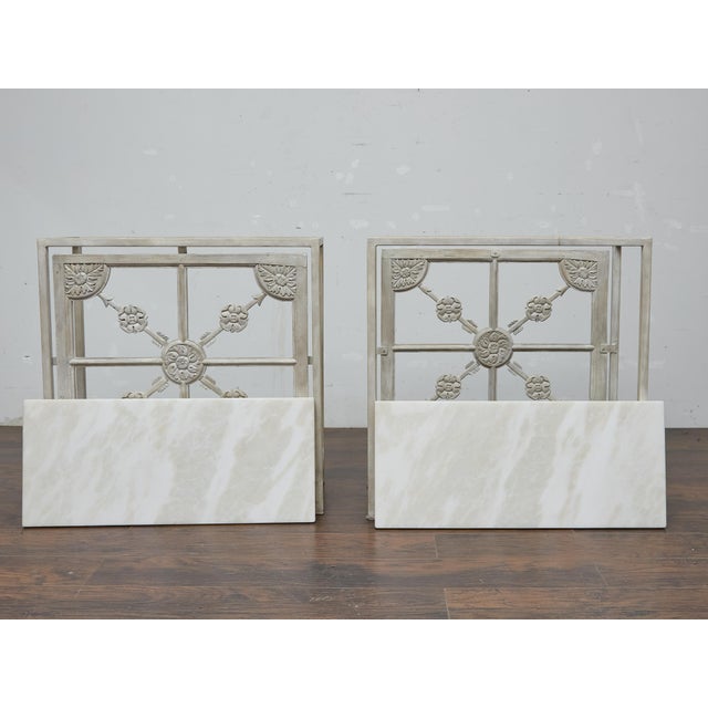 19th Century Pair of French Painted Iron Consoles With Carved Wood Panels and Marble Tops For Sale - Image 9 of 11