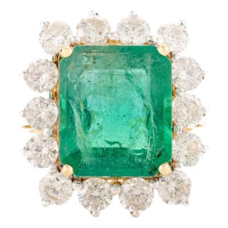Zambian Emerald Halo Diamond Statement Ring in 18k Solid Gold Size 7 For Sale