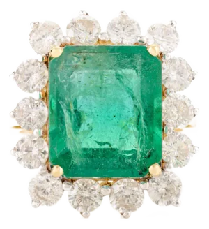 Zambian Emerald Halo Diamond Statement Ring in 18k Solid Gold Size 7