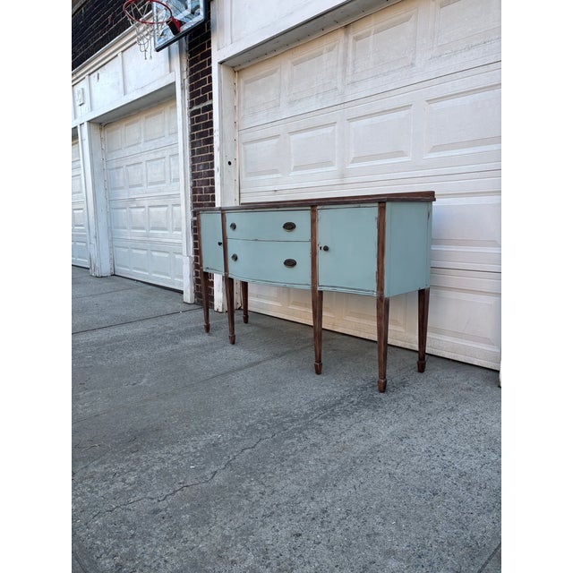 1920s Painted Sideboard Buffet | Antique Bow Front Server | Hepplewhite Revival Cabinet | Blue Wood Credenza | Farmhouse Cottage Wood Buffet For Sale - Image 12 of 12