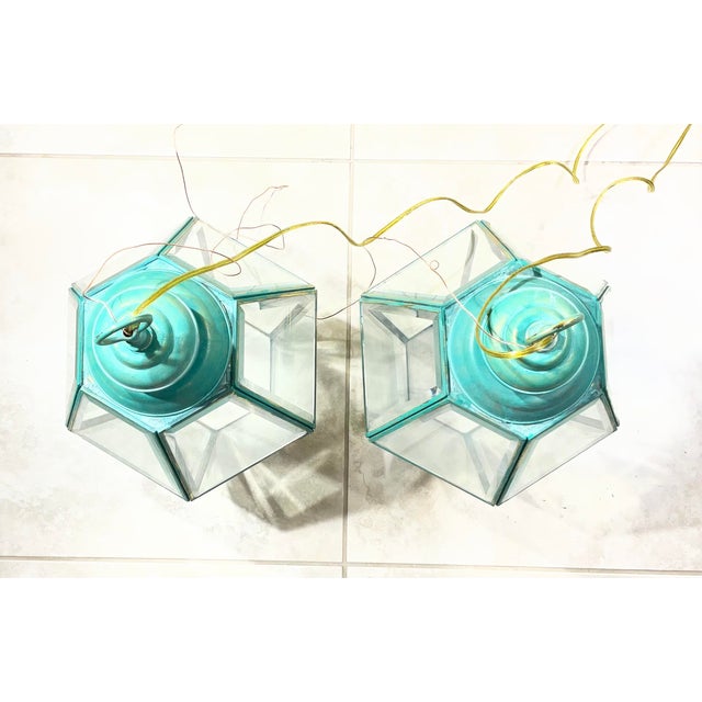 1980s Stunning Pair of Vintage Solid Brass & Glass Geometric Hanging Lanterns - a Pair For Sale - Image 13 of 16