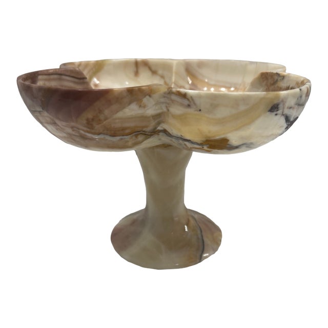 Vintage Carved Scalloped Onyx Pedestal Bowl For Sale