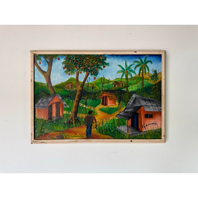 1970s Vintage Haitian Folk Art Landscape Oil Painting by F. Faramon For Sale - Image 4 of 12