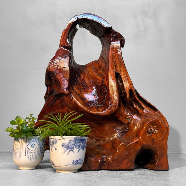 This antique Japanese tsuge burl wood piece - an ikebana decoration from the 1920s embodies the wabi-sabi aesthetic, where...