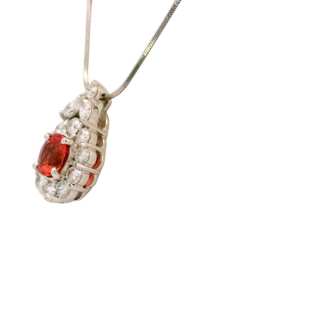 Early 21st Century 1.32 Carat Padparadscha Sapphire Diamond Platinum Halo Pendant Necklace, Gia For Sale - Image 5 of 9