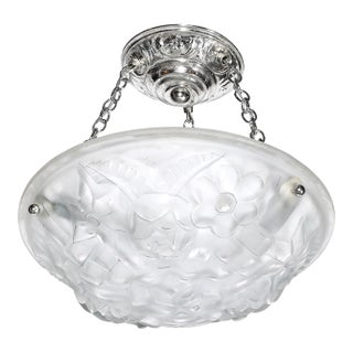 Art Deco Frosted Glass Floral Cubist Chandelier W/ Chrome Fittings Signed Degué For Sale