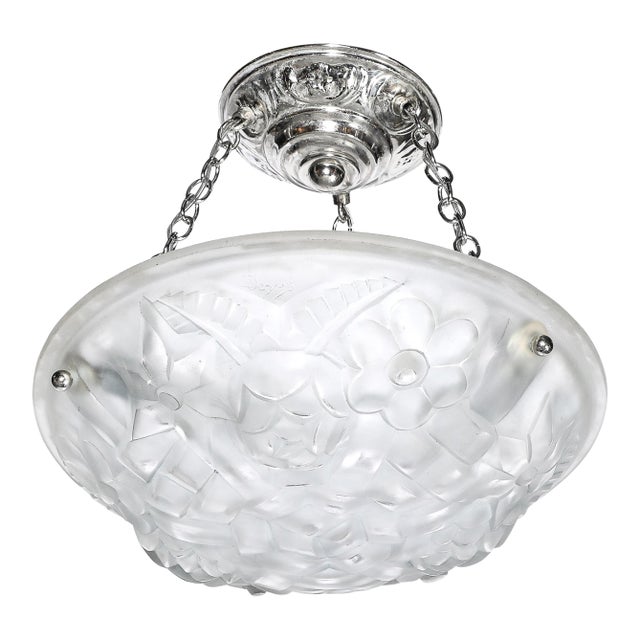 Art Deco Frosted Glass Floral Cubist Chandelier W/ Chrome Fittings Signed Degué For Sale