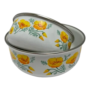 Set of Two Vintage Enamel Bowls With Poppy Motif