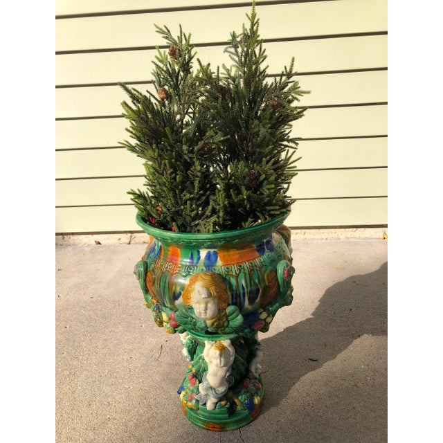 Vintage Neoclassical Glazed Ceramic Pedestal Jardiniere with Cherub Motif For Sale - Image 10 of 13