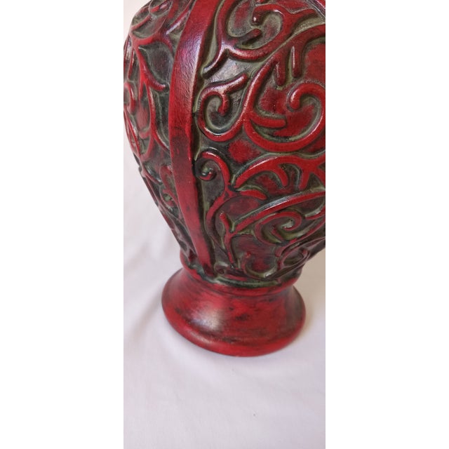 Red Asian Carved Cinnabar Lacquerware Style Vase For Sale - Image 8 of 12