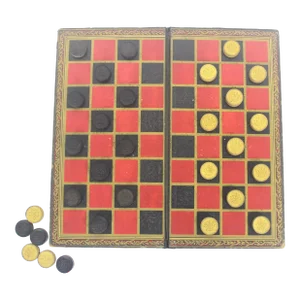 Vintage Ornamental Checker Board Game With Wood Pieces Gold Red Black