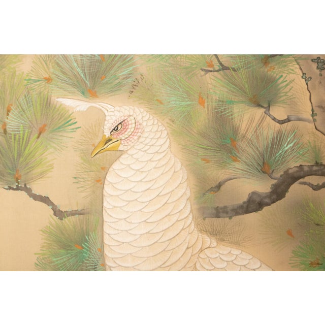 "White Peacock & Peony" by Ryumin, Large Vintage Japanese Painted Silk Byobu Screen For Sale - Image 9 of 18