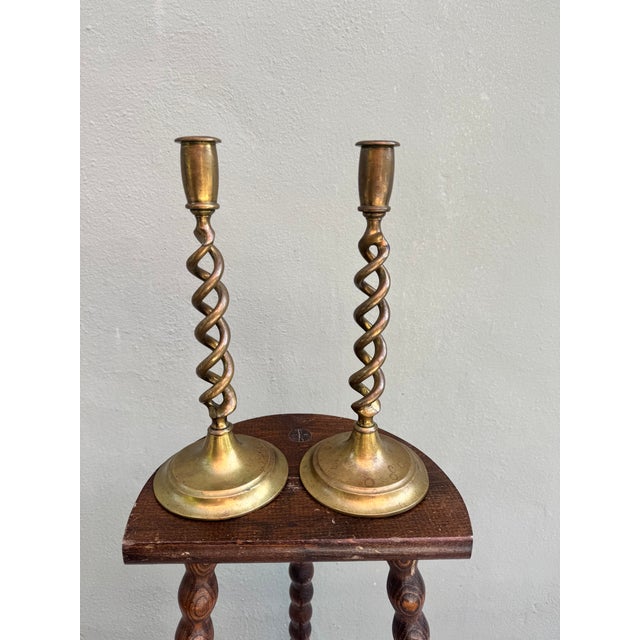 Antique English Barley Twist Brass Candlesticks, a Pair — Georgian Hollywood Regency For Sale - Image 10 of 10
