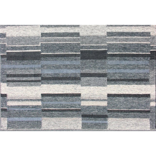 Modern Scandinavian Flat-Weave Rug With Striped Panel Design in Gray, Steel Blue For Sale - Image 4 of 12