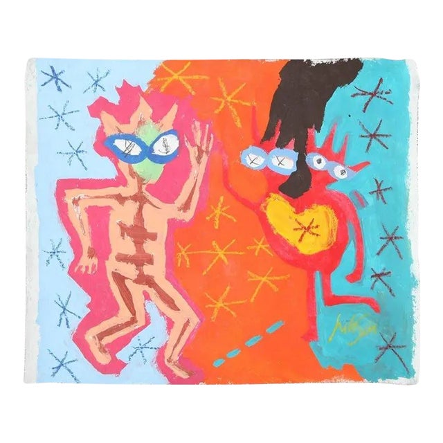 1999 "Dance of Love" Neo Expressionist Folk Art Painting on Mixed Media by Julie Hermoso For Sale