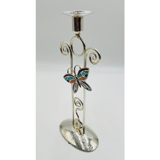 Mexican 1980s Emilia Castillo Silver-Plated Butterfly Candle Holder With Stone Inlay, Mexican For Sale - Image 3 of 18