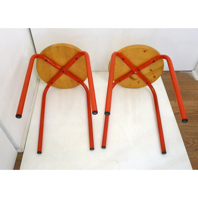Scandinavian Stools in Wood and Red Lacquered Metal, 1980s, Set of 2 For Sale - Image 6 of 13