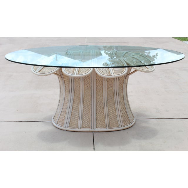 Hollywood Regency Vintage Hollywood Regency Style Flower Pencil Reed Rattan Pedestal Dining Table With Oval Glass Top For Sale - Image 3 of 18