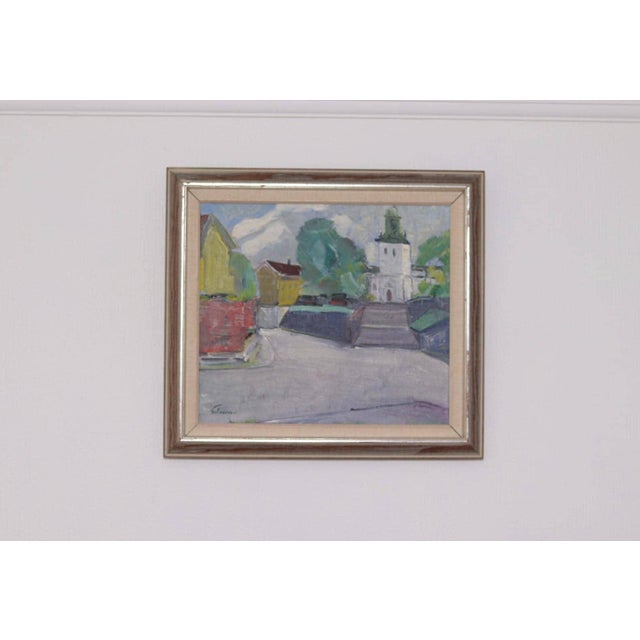 Original swedish oil on canvas – “church” by stig gilborne – vintage & framed – 67 × 52 cm (26.4" × 20.5") a serene...
