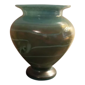 1990s Signed Tom Stoenner Hand Blown Luster Art Glass Squat Vase