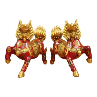 Late 19th Century Pair of Cloisonné Enamel Qilin Statues, Gilt Bronze Figures, 2.64kg For Sale