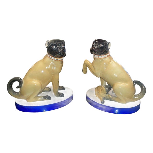 Pair of Mottahedeh Pug Dog Figures, Staffordshire Style, Mid-20th Century. For Sale