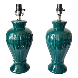 1980s Emerald-Green Ribbed Ceramic Lamps, Pair For Sale