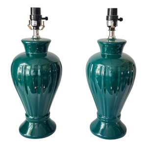 1980s Emerald-Green Ribbed Ceramic Lamps, Pair