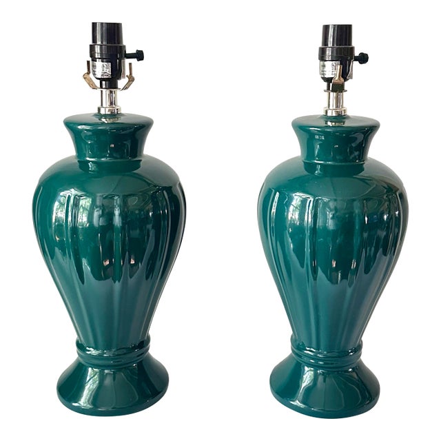 Emerald-Green Ribbed Ceramic Lamps, Pair For Sale
